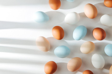 Natural Colored Eggs with sunlights. Compositions in pastel colors. Easter consept.  Flat lay, top view