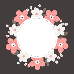 Floral greeting card and invitation template for wedding or birthday anniversary, Vector circle shape of text box label and frame, Pink flowers wreath ivy style with branch and leaves.