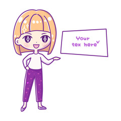 Cute vector illustration. Kawaii Anime girl. Big eyes.Use for postcards, print on clothes.