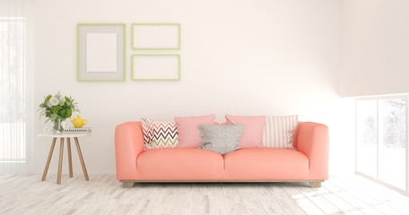 Fototapeta premium White stylish minimalist room in hight resolution with coral sofa. Scandinavian interior design. 3D illustration
