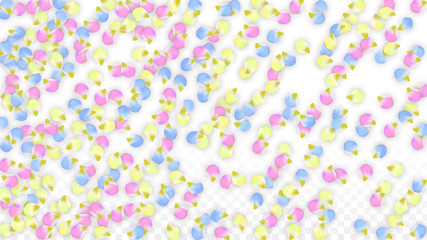 Vector Realistic Colorful Petals Falling on Transparent Background.  Spring Romantic Flowers Illustration. Flying Petals. Sakura Spa Design. Blossom Confetti. Design Elements for Wedding Decoration.