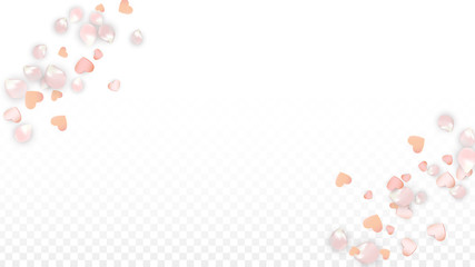 Vector Realistic Petals and Hearts Confetti. Flying Sakura and Hearts on Transparent Background. Wedding Invitation Background. Spring Romance Poster. Vector Illustration for Anniversary Design.
