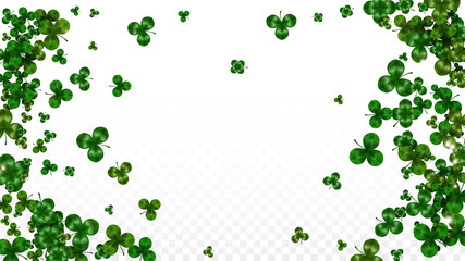 Fototapeta premium Vector Clover Leaf Isolated on Transparent Background with Space for Text. St. Patrick's Day Illustration. Ireland's Lucky Shamrock Poster. Invintation for Concert in Pub. Top View. Success Symbols.