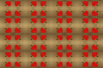 Abstract background of red hearts on brown background mirror symmetry effect.