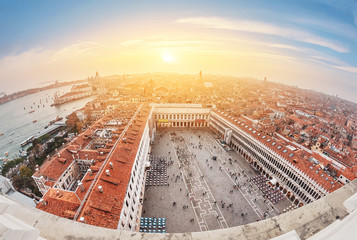 Aerial view over San Marco Square in Venice at the majestic sunset. Travel in Italy concept