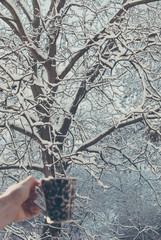Tree in snow and cup of tea or coffee. Winter relax.