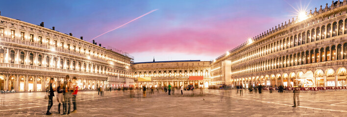 Famous tourist landmark San Marco Square in Venice at night time