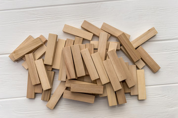 Wooden blocks for tower building on the desk