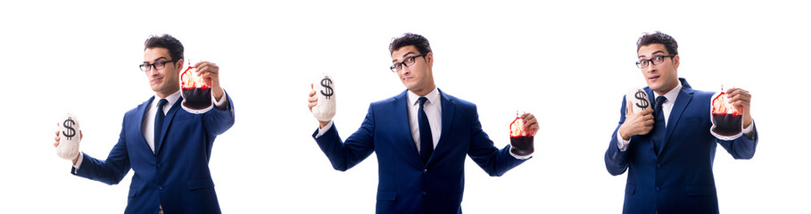 Businessman with blood bag isolated on white