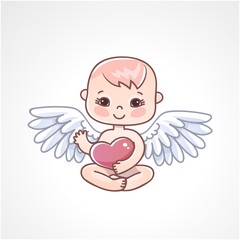 Angel baby with heart in hands on a white background. Greeting card for Valentine's day.