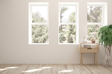 Fototapeta na wymiar White stylish empty room with summer landscape in window. Scandinavian interior design. 3D illustration