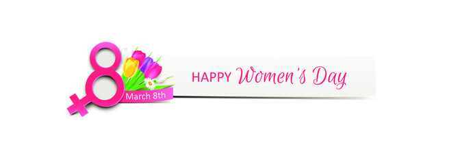 Happy Women's Day - Banner with Symbol and Flower Bouquet