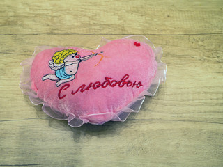 Fabric Red Heart, wooden background