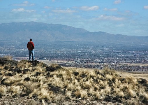 View of Albuquerque and the Sandia mountains from the volcanic mesa