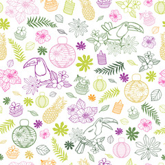 Vector white background with colourful tropical birthday party elements seamless pattern background with toucan and paper lanterns. Perfect for fabric, scrapbooking, wallpaper projects. 