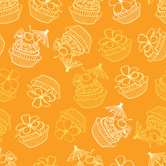 Vector yellow tropical birthday party cupcakes seamless pattern background. Perfect for fabric, scrapbooking, wallpaper projects.