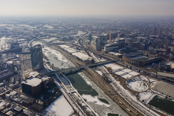 Aerial drone photo Schuylkill River frozen in winter Downtown Philadelphia