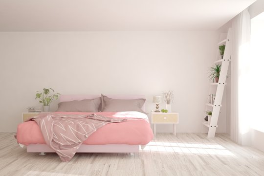 Coral stylish minimalist bedroom. Scandinavian interior design. 3D illustration