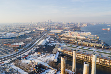 Fototapeta premium Aerial industrial district Philadelphia PA winter snow