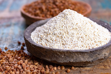 Healthy diet superfood buckwheat groats and flour used for making delicious pasta, noodles, pancaces and kasha in many countries.