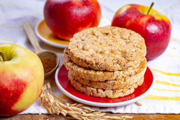Round rice crackers made with apple and cinnamon, healthy snack for breakfast, lunch and school food