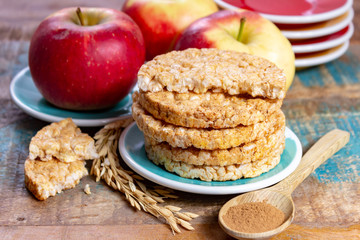 Round rice crackers made with apple and cinnamon, healthy snack for breakfast, lunch and school food