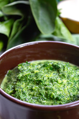 Healthy vegetarian or vegan food, cooked green spinach with cream, ingredient for many dishes like pasta, ravioli or soup