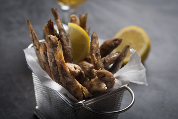 Seafood. Small sea fish, deep fried anchovies