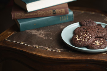 Chocolate cookies on the plate. Dark and Moody, Mystic Light food photo