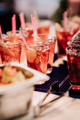 Refreshment alcoholic red cranberry and lime summer cocktail with apple cider and ice