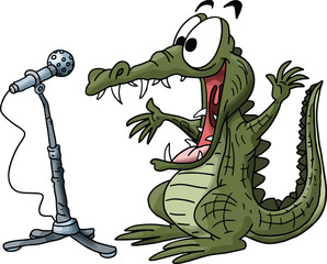 Cartoon alligator making a speech on a stage vector illustration
