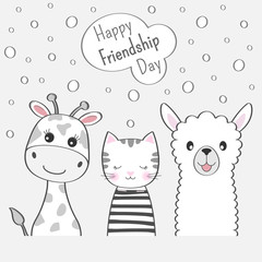 Cute animals giraffe, cat and llama best friends. © tartumedia
