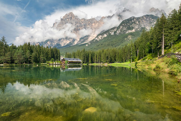 Lake San Vito di Cadore (lake Mosigo) in Boite valley in the domain of Mount Antelao also called King of the Dolomites. Italian Dolomites Alps Scenery, Italy, Europe.