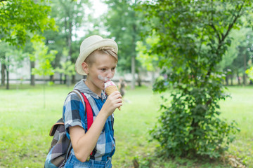 Boy with ice cream. A wonderful hilarious teenager in a hat, blue shirt in the cell and red suspenders. The baby has an ice cream mustache. Spring sunny concept. Schoolboy, happy holiday walk, summer.