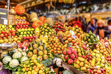 Shop at the market with fruit. A lot of different fruits.