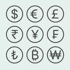 Obraz premium Currency exchange sign icons. Dollar, euro, pound sterling, rupee, yen, franc, lira, bitcoin, won symbols in circles. Flat design. Vector.