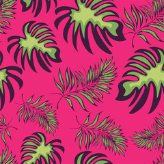 Seamless pattern of a tropical palm tree, jungle leaves. Vector floral pattern.