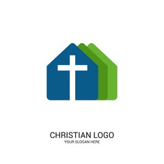 Obraz premium Christian church logo. Bible symbols. Cross of Jesus Christ on the background of the house.