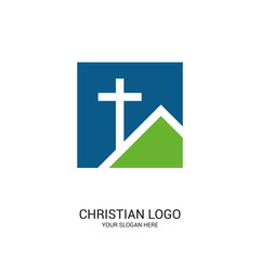 Christian church logo. Bible symbols. Cross of Jesus Christ on the background of the house.
