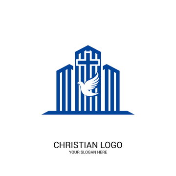 Christian church logo. Bible symbols. The cross of Jesus Christ and the dove on the background of buildings.