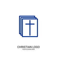 Christian church logo. Bible symbols. Cross of Jesus Christ and the page.
