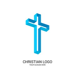 Christian church logo. Bible symbols. Cross of Jesus Christ, volumetric and turned in space