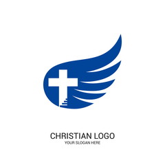 Christian church logo. Bible symbols. The wing of the Spirit, the cross and the steps leading to God.