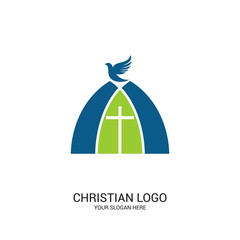 Christian church logo. Bible symbols. The Church of the Lord and Savior Jesus Christ and the symbol of the Holy Spirit is the dove.