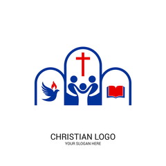 Christian church logo. Bible symbols. Community of believers in Jesus Christ.