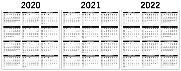 basic monochrome calendar 2020, 2021, 2022. Vector, eps 10