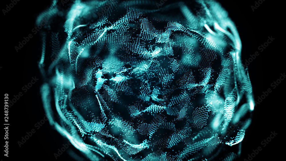 Poster Futuristic sphere of dots. Abstract particles background with sphere.Globalization interface. Sense of science and technology abstract graphics. 3D rendering.
