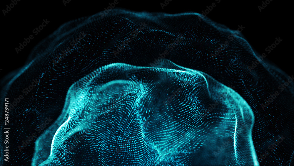 Poster Futuristic sphere of dots. Abstract particles background with sphere.Globalization interface. Sense of science and technology abstract graphics. 3D rendering.