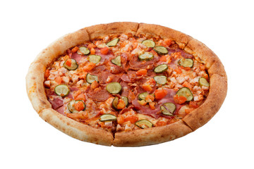 Delicious classic italian pizza with ham, sausages, corn, cucumbers and cheese