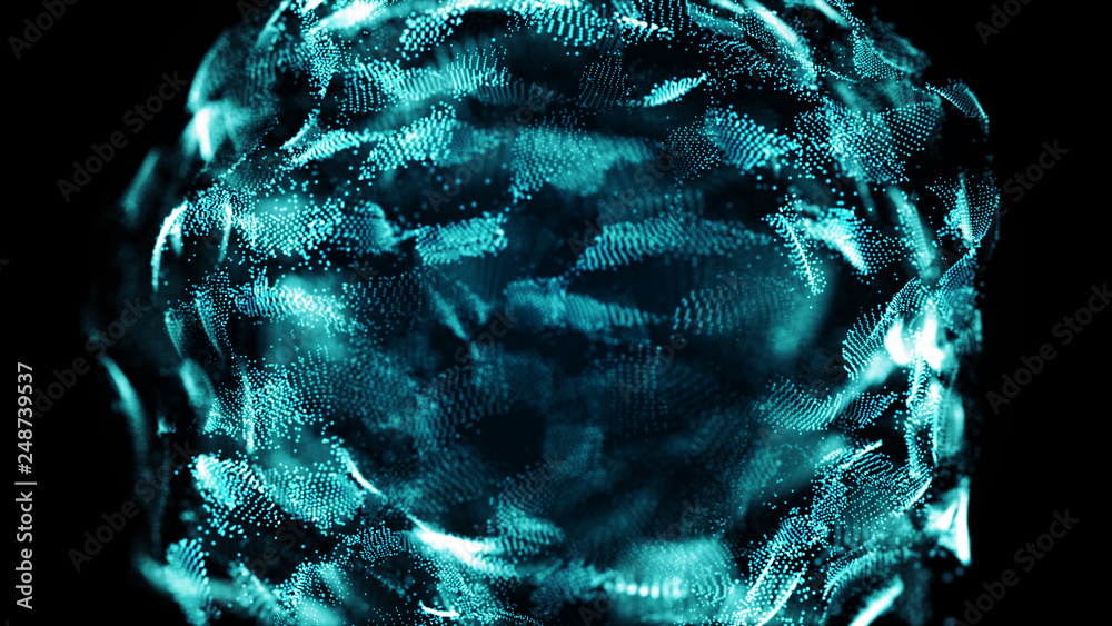 Poster Futuristic sphere of dots. Abstract particles background with sphere.Globalization interface. Sense of science and technology abstract graphics. 3D rendering.